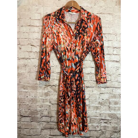 CAbi Dresses & Skirts - Cabi Dress Shirt Women Medium Popover Coral Watercolor Artsy Midi Belted Stretch